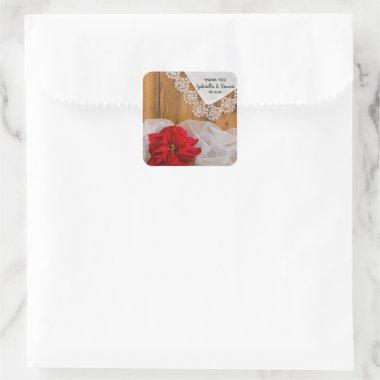 Rustic Poinsettia Lace Winter Wedding Thank You Square Sticker