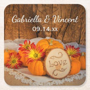 Rustic Pumpkins Fall Barn Wedding Square Paper Coaster