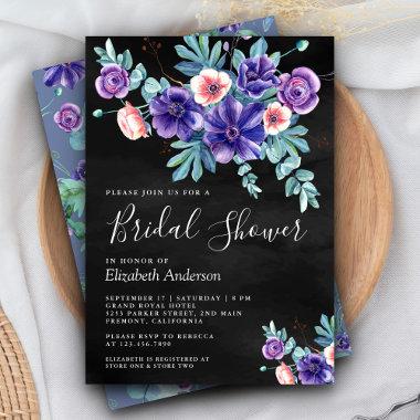 Rustic Purple Anemones Bouquet Black Bridal Shower Invitations