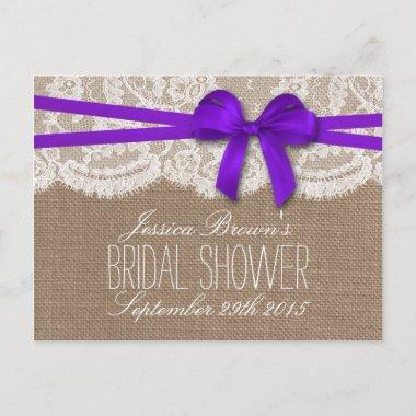 Rustic Purple Bow Bridal Shower Recipe Invitations