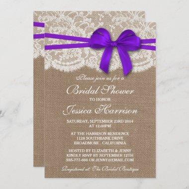 Rustic Purple Bow, Burlap & Lace Bridal Shower Invitations