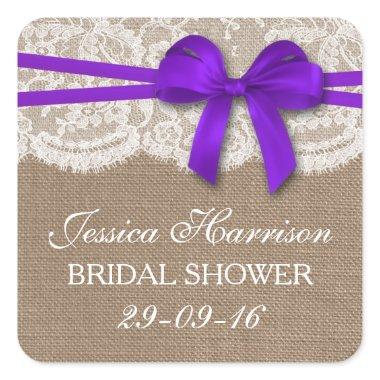 Rustic Purple Bow, Burlap & Lace Bridal Shower Square Sticker