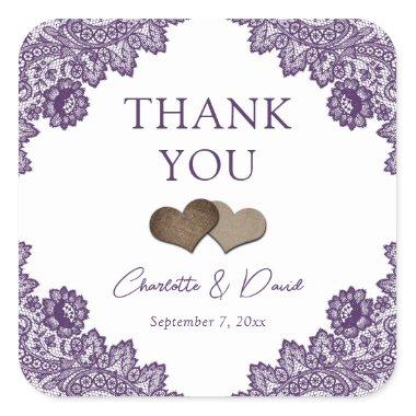 Rustic Purple Burlap and Lace Thank You Square Sticker