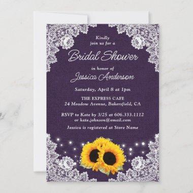 Rustic Purple Burlap Lace Sunflower Bridal Shower Invitations