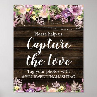 Rustic Purple Floral String Lights Wedding Hashtag Poster