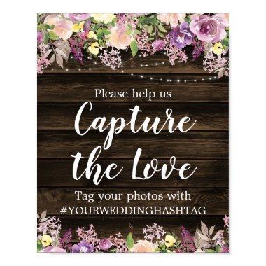 Rustic Purple Floral String Lights Wedding Hashtag Poster