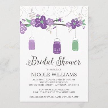 Rustic Purple Green Mason Jar Branch Bridal Shower Invitations