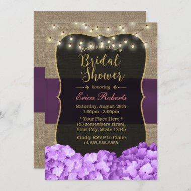 Rustic Purple Hydrangea String Light Bridal Shower Invitations