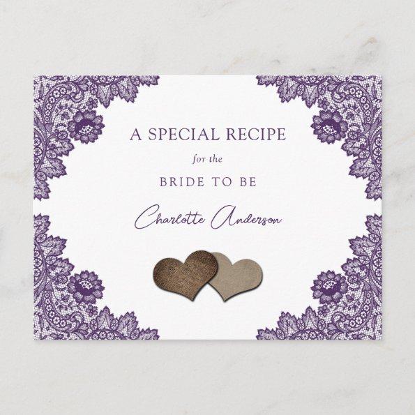 Rustic Purple Lace Bridal Shower Recipe Invitations