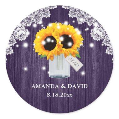 Rustic Purple Sunflower Monogram Wedding Stickers