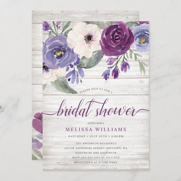 Rustic Purple Watercolor Floral Bridal Shower Invitations