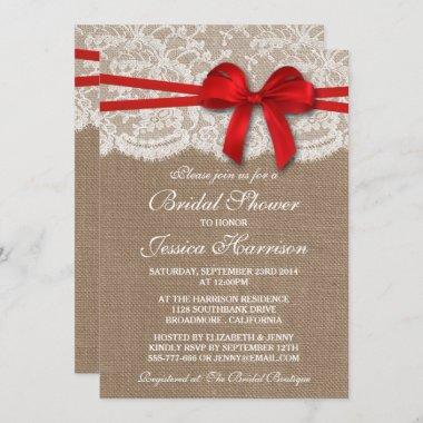 Rustic Red Bow, Burlap & Lace Bridal Shower Invitations