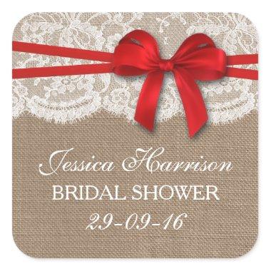 Rustic Red Bow, Burlap & Lace Bridal Shower Square Sticker