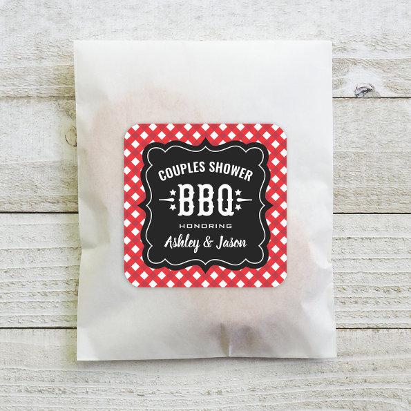 Rustic Red Gingham BBQ Wedding Couples Shower Square Sticker