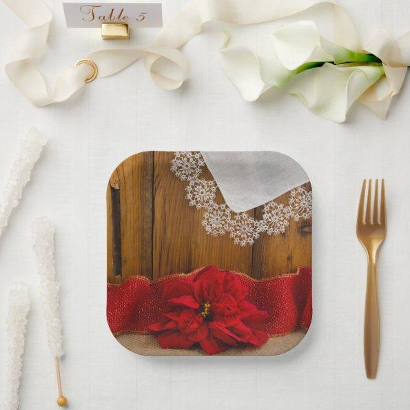 Rustic Red Poinsettia Country Winter Wedding Paper Plates