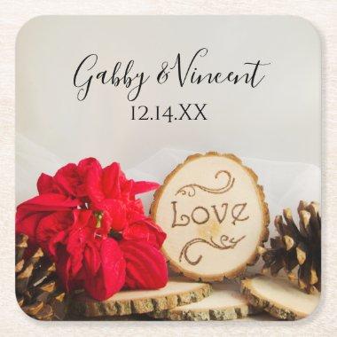 Rustic Red Poinsettia Woodland Winter Wedding Square Paper Coaster