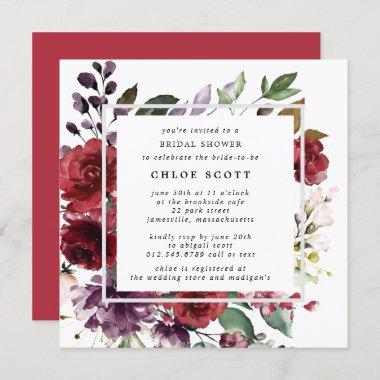 Rustic Red Purple Rose Floral Bridal Shower Invitations