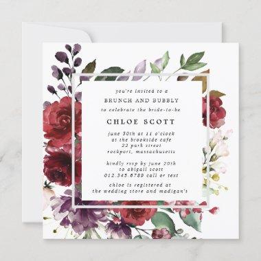 Rustic Red Purple Rose Floral Brunch Bubbly Invitations