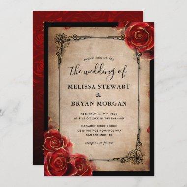 Rustic Red Rose Gold Black Vintage Elegant Wedding Invitations