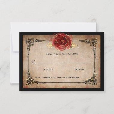 Rustic Red Rose Gold Black Vintage Elegant Wedding RSVP Card