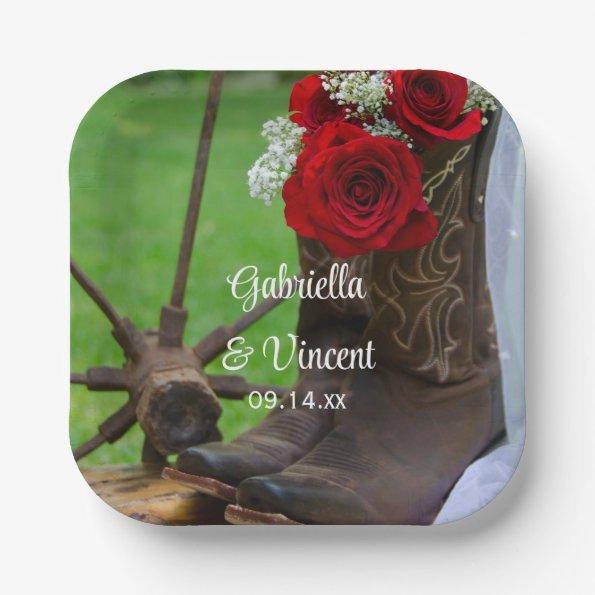 Rustic Red Roses and Cowboy Boots Western Wedding Paper Plates