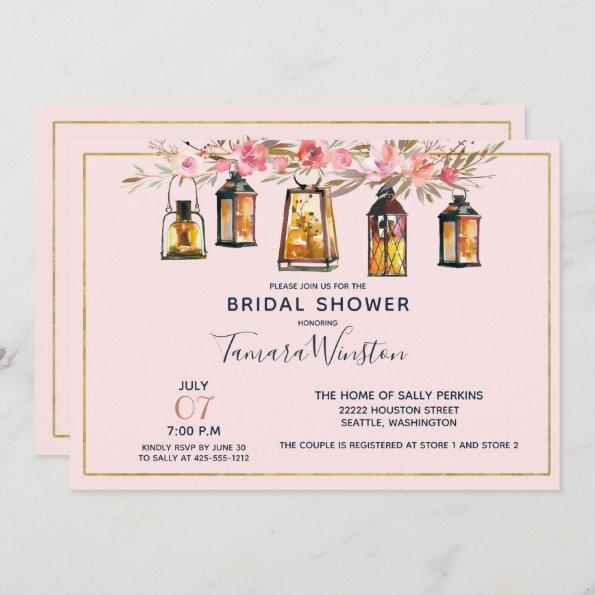 Rustic Romantic Lanterns Rose Gold Bridal Shower Invitations