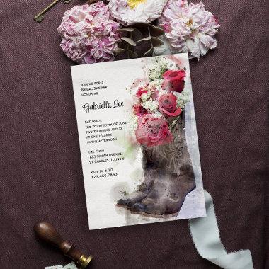 Rustic Rose Cowboy Boots Watercolor Bridal Shower Invitations