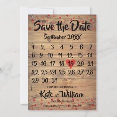 Rustic Ruby Red Love Heart Calendar Save the Date