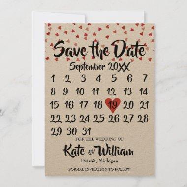 Rustic Ruby Red Love Heart Calendar Save the Date