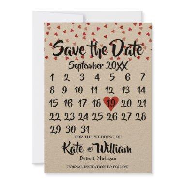 Rustic Ruby Red Love Heart Calendar Save the Date