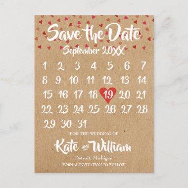 Rustic Ruby Red Love Heart Calendar Save the Date Announcement PostInvitations