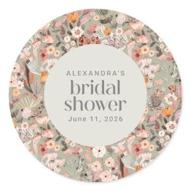 Rustic Sage Green Floral Boho Bridal Shower Custom Classic Round Sticker