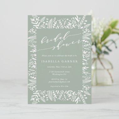 Rustic Sage Green Floral Line Art Bridal Shower Invitations