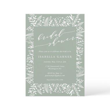 Rustic Sage Green Floral Line Art Bridal Shower Invitations