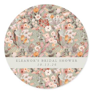 Rustic Sage Taupe Floral Boho Bridal Shower Custom Classic Round Sticker