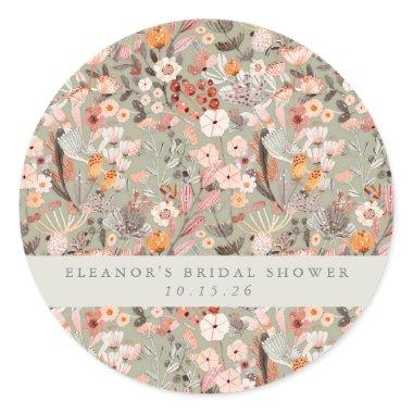 Rustic Sage Taupe Floral Boho Bridal Shower Custom Classic Round Sticker