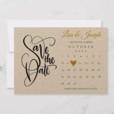 Rustic Save the Date Calendar Gold Love Heart