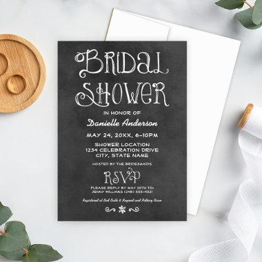 Rustic Script Chalkboard Bridal Shower Black Invitations