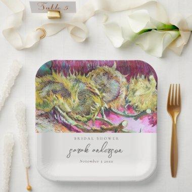 Rustic Script Pink Yellow Sunflower Bridal Shower Paper Plates