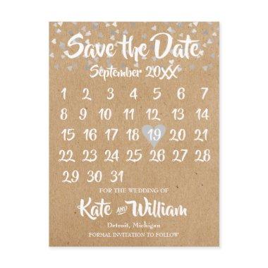 Rustic Silver Love Heart Calendar Save the Date Announcement PostInvitations