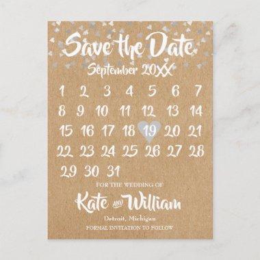 Rustic Silver Love Heart Calendar Save the Date Announcement PostInvitations