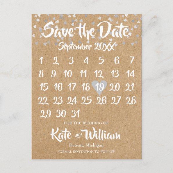 Rustic Silver Love Heart Calendar Save the Date Announcement PostInvitations