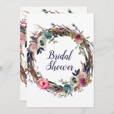 Rustic Sticks Floral Wreath Modern Bridal Shower Invitations
