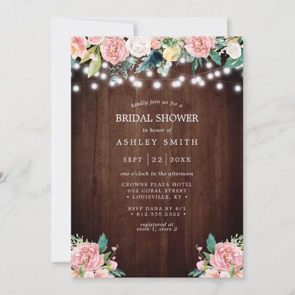 Rustic String Lights Blush Floral Bridal Shower Invitations