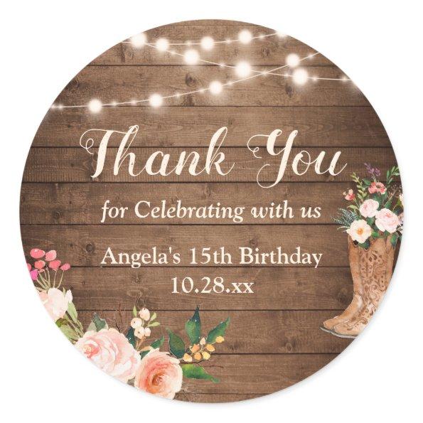 Rustic String Lights Cowgirl Boots Thank You Favor Classic Round Sticker