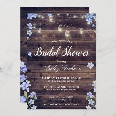 Rustic String Lights Floral Barnwood Bridal Shower Invitations