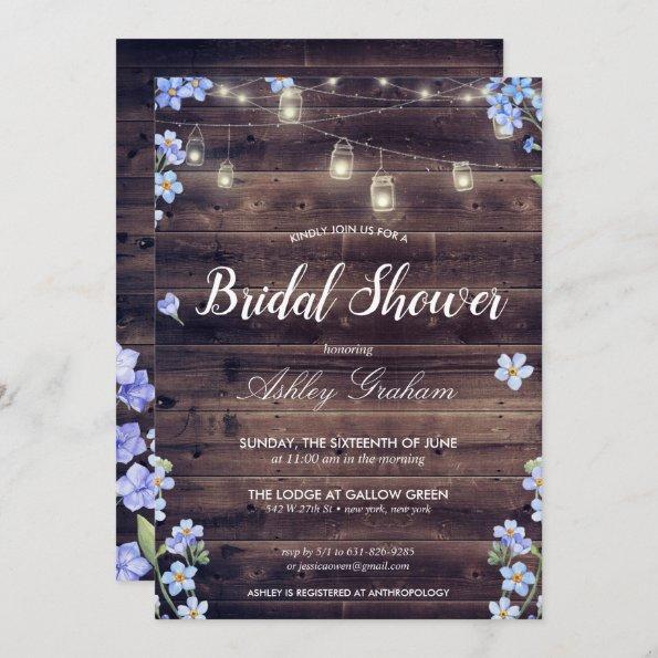 Rustic String Lights Floral Barnwood Bridal Shower Invitations
