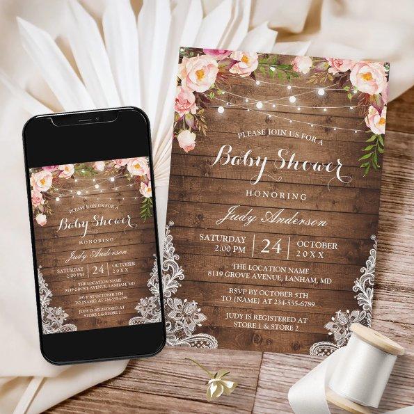 Rustic String Lights Lace Floral Baby Shower Invitations