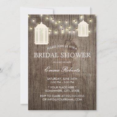 Rustic String Lights & Lanterns Wood Bridal Shower Invitations