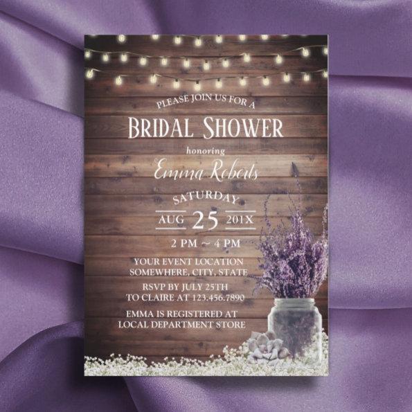 Rustic String Lights Lavender Floral Bridal Shower Invitations